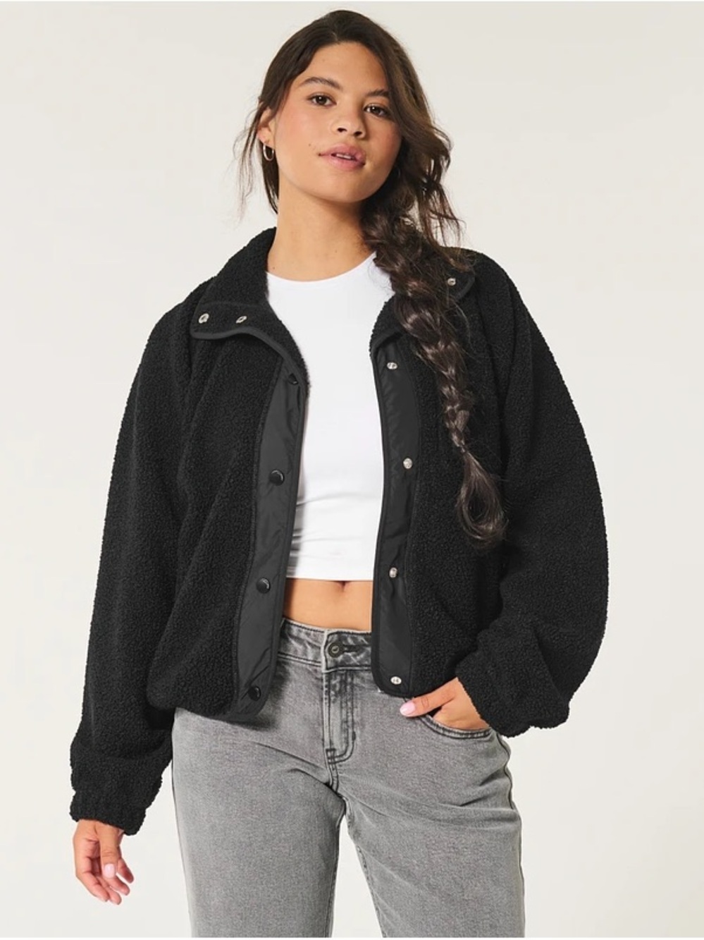 Hollister Black Sherpa Button-Up Jacket – M